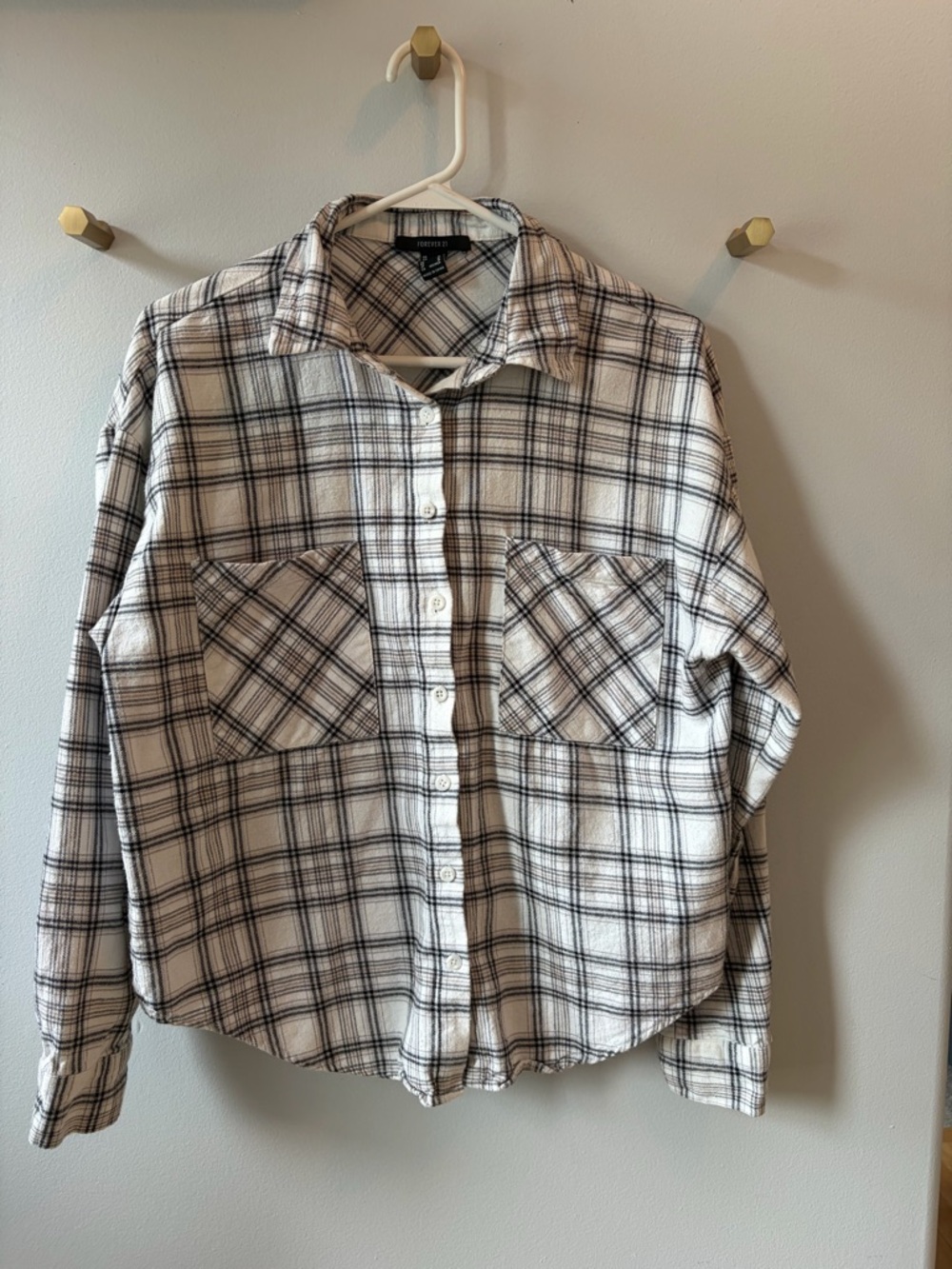 Forever 21 - Plaid Flannel Shirt - Cream & Black - Medium